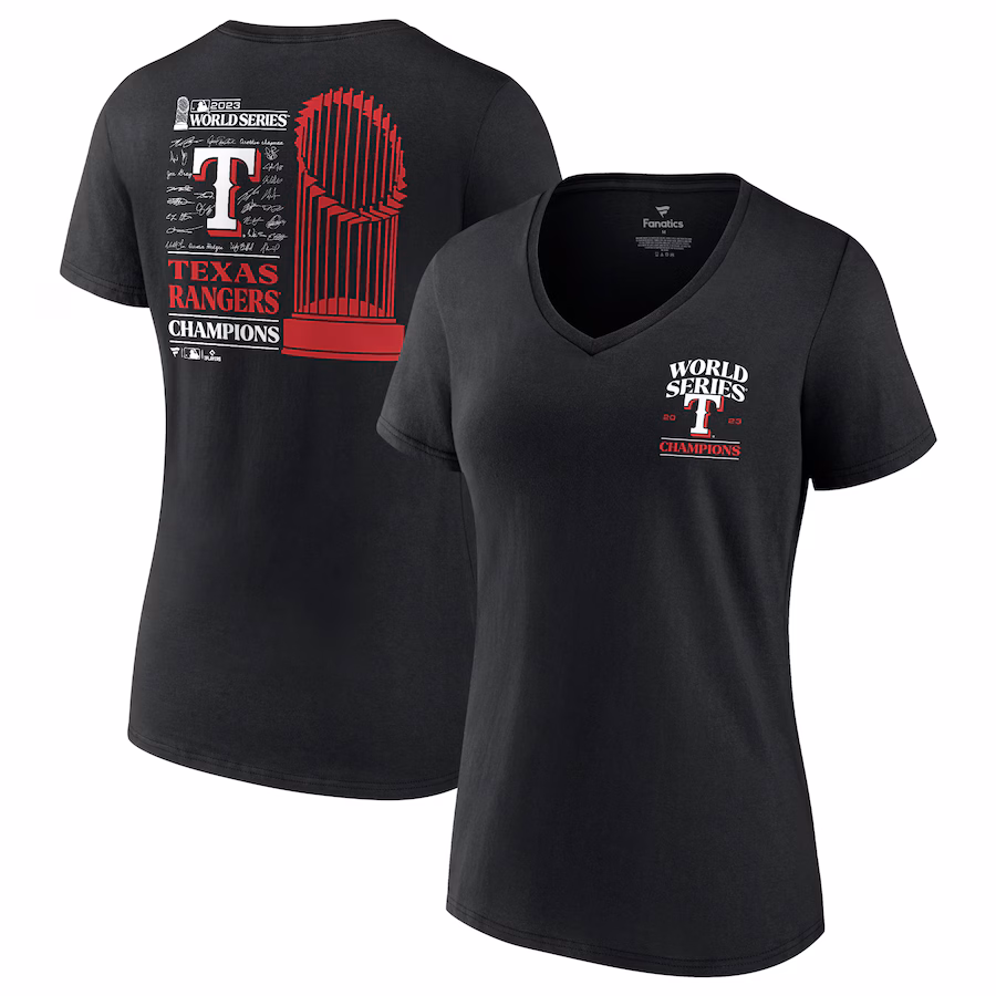 Women's Texas Rangers Fanatics Black 2023 World Series Champions Signature Roster V-Neck T-Shirt - ujerseystore
