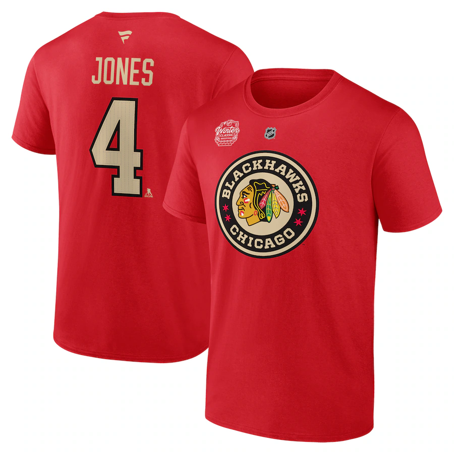 Men's Chicago Blackhawks Seth Jones Fanatics Red 2025 NHL Winter Classic Authentic Stack Name & Number T-Shirt - ujerseystore