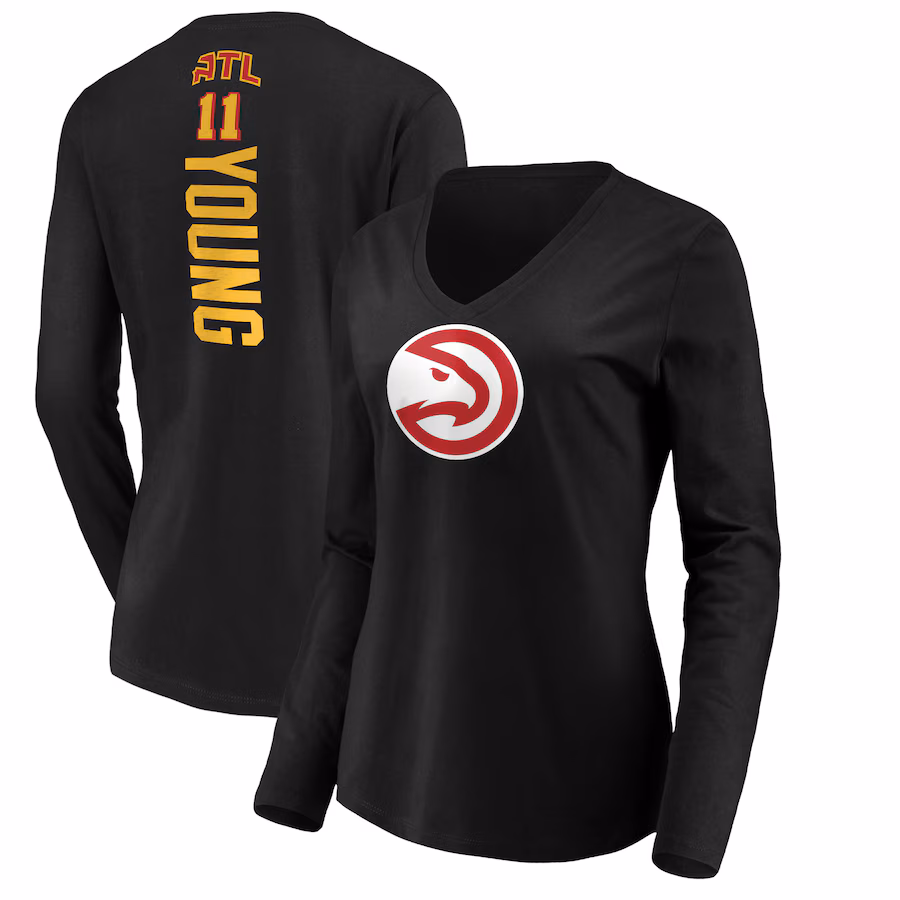 Women's Atlanta Hawks Trae Young Black Playmaker Name & Number V-Neck Long Sleeve T-shirt - ujerseystore