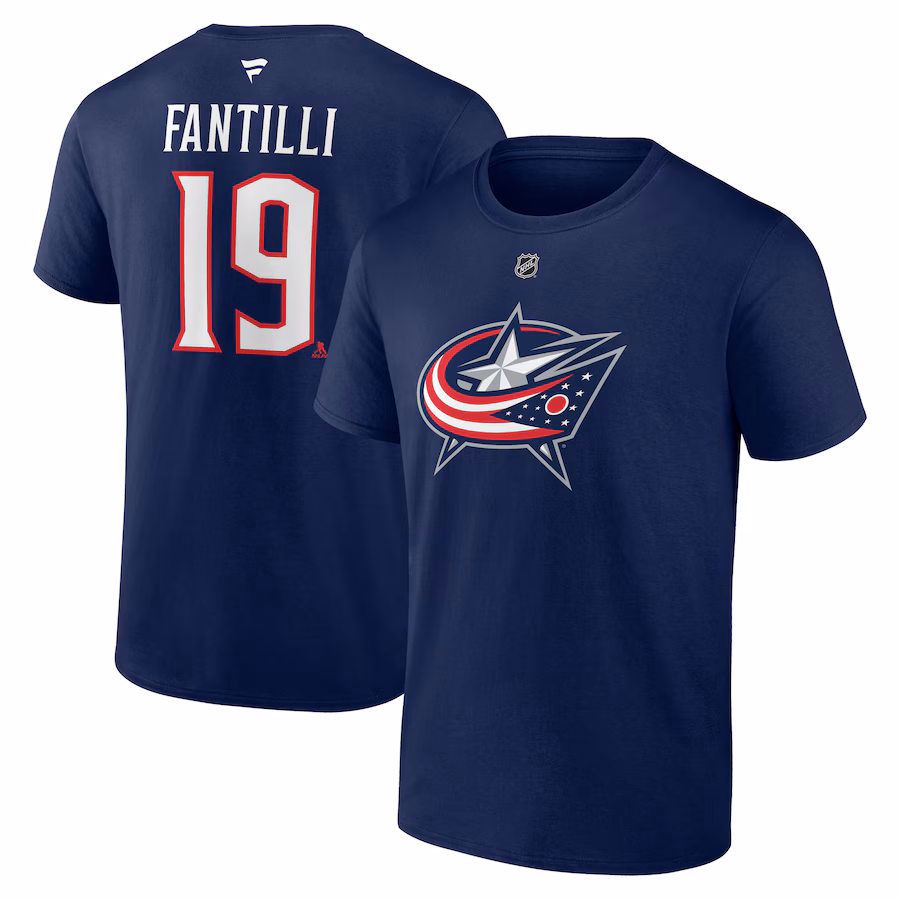 Men's Columbus Blue Jackets Adam Fantilli Fanatics Navy Authentic Stack Name & Number T-Shirt - ujerseystore