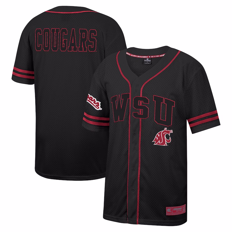 Washington State Cougars Colosseum Free Spirited Mesh Button-Up Baseball Jersey - Black - ujerseystore