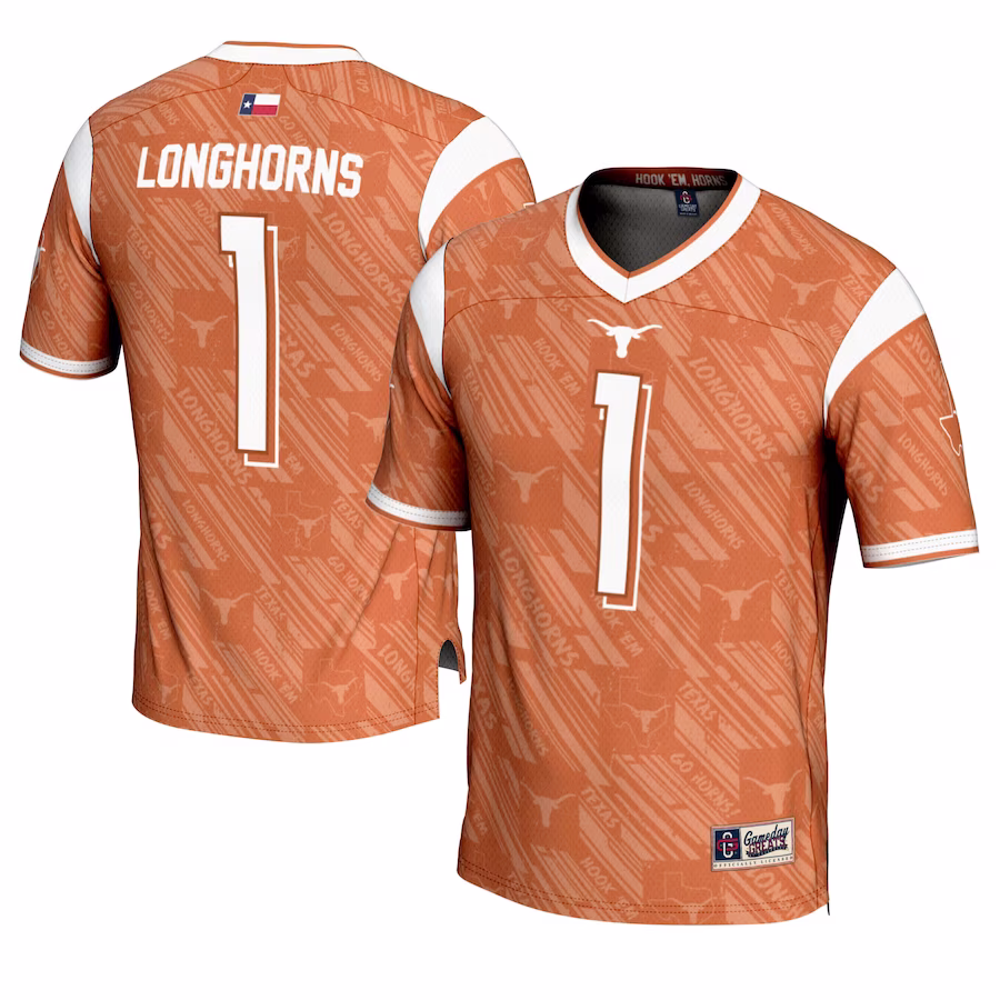 #1 Texas Longhorns GameDay Greats Youth Highlight Print Football Fashion Jersey - Texas Orange - ujerseystore