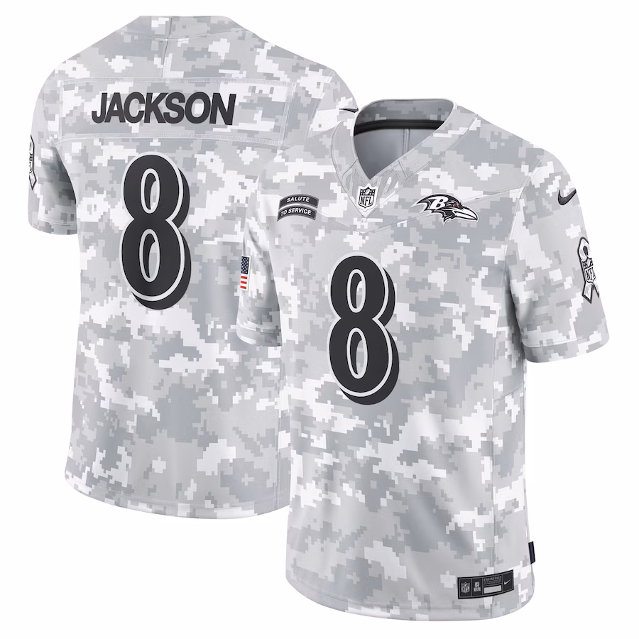 Men's Baltimore Ravens Lamar Jackson Nike Arctic Camo 2024 Salute to Service Limited Jersey - ujerseystore