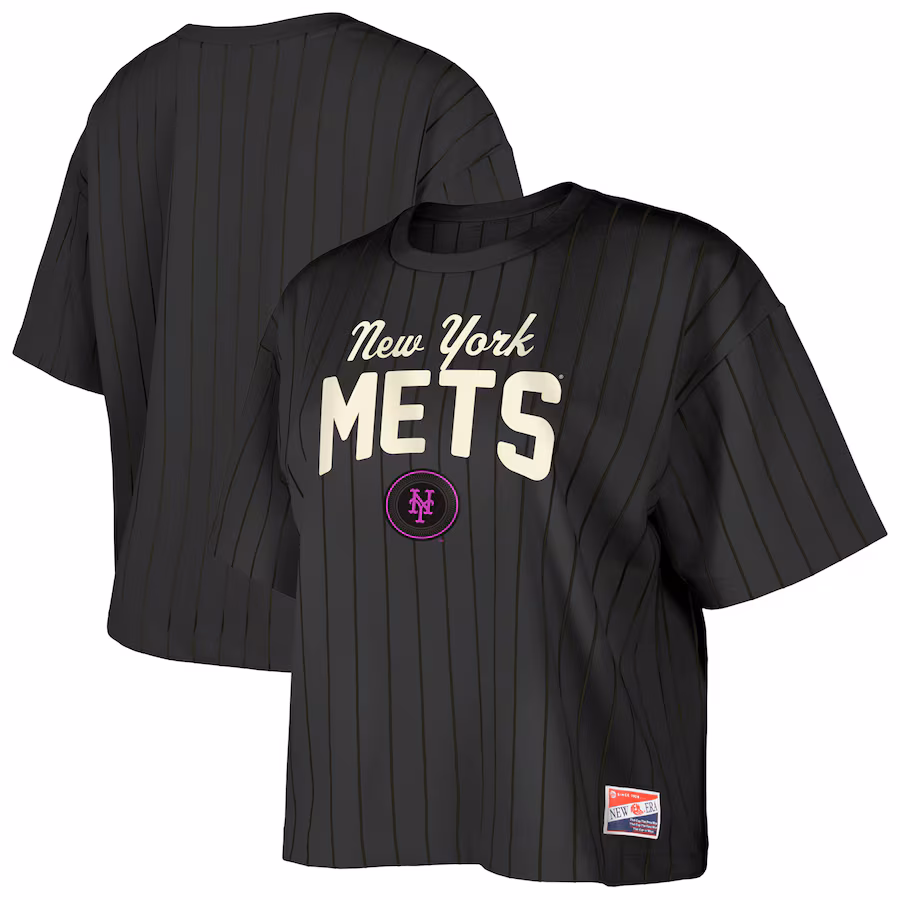 Women's New York Mets New Era Black City Connect Multiplier Pinstripe Cropped T-Shirt - ujerseystore
