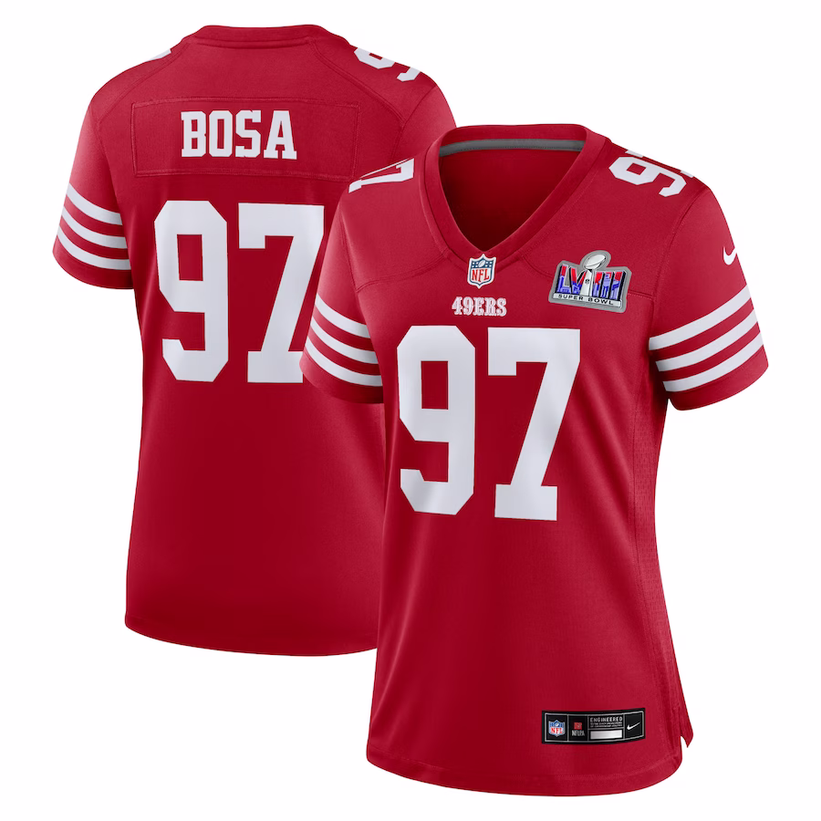 Women's San Francisco 49ers Nick Bosa Nike Scarlet Super Bowl LVIII Game Jersey - ujerseystore