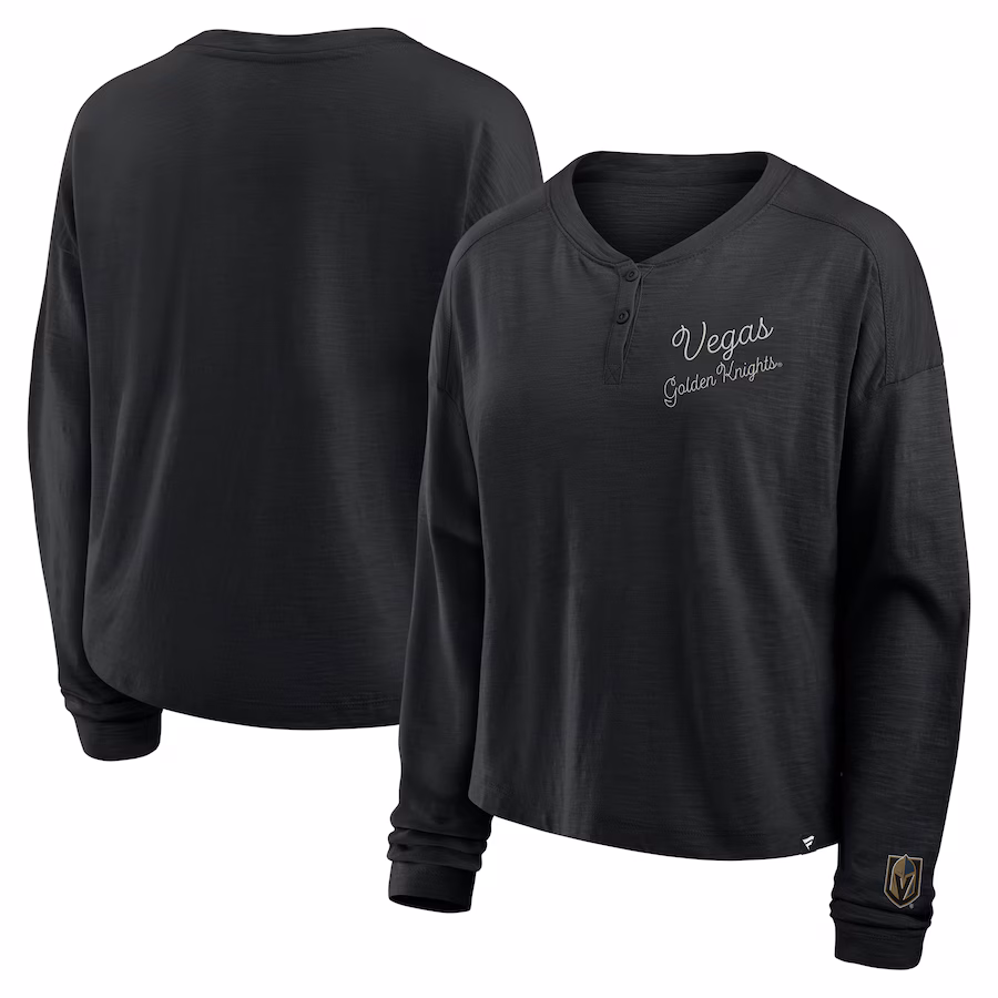 Women's Vegas Golden Knights Fanatics Black Oversized All Out Effort Long Sleeve Henley T-Shirt - ujerseystore