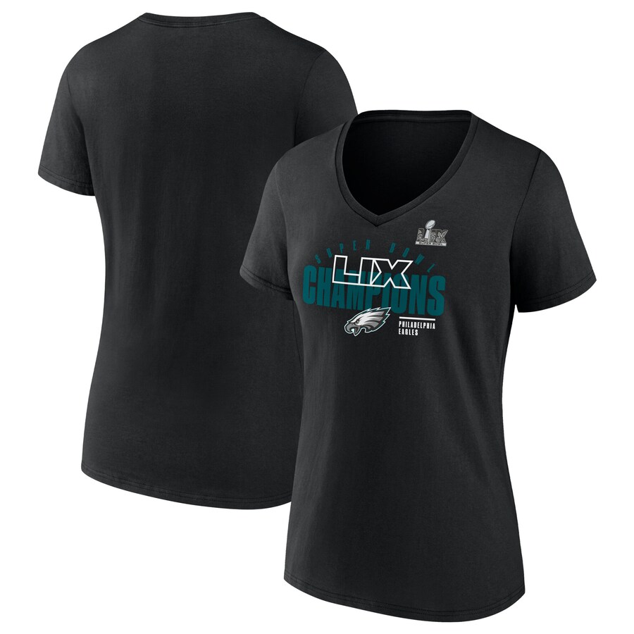 Women's Philadelphia Eagles  Fanatics Black Super Bowl LIX Champions Iconic Victory V-Neck T-Shirt - ujerseystore