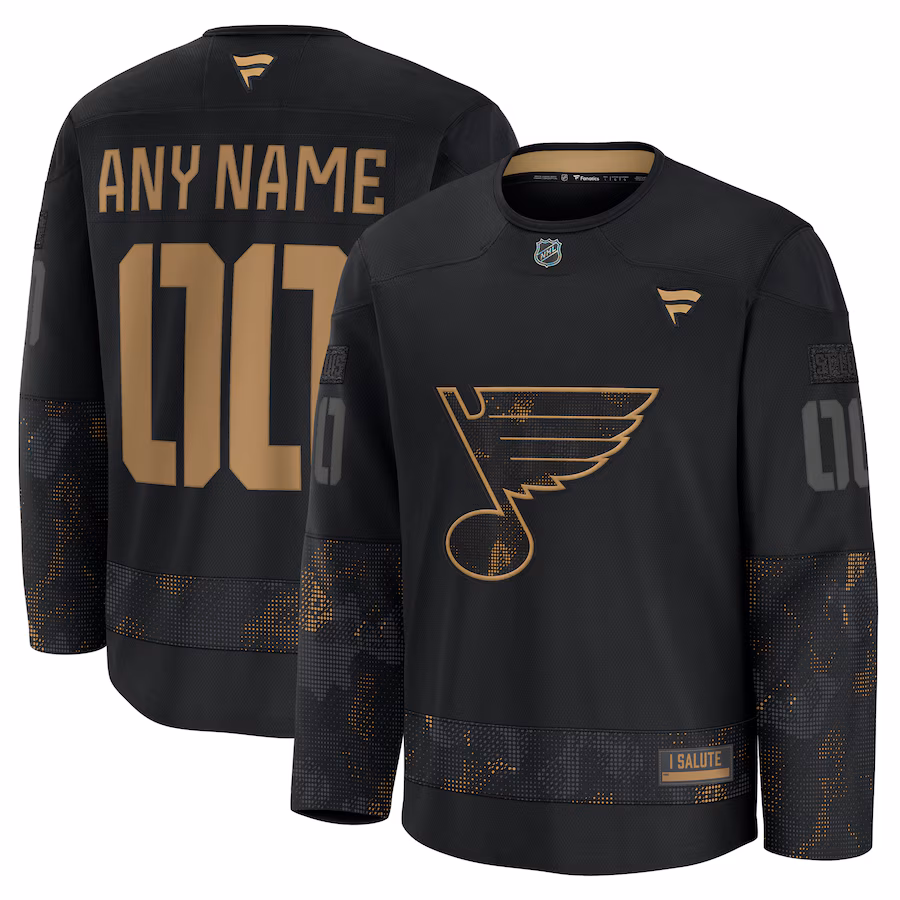 Men's St. Louis Blues Fanatics Black 2024 Military Appreciation Personalized Long Sleeve Practice Jersey - ujerseystore