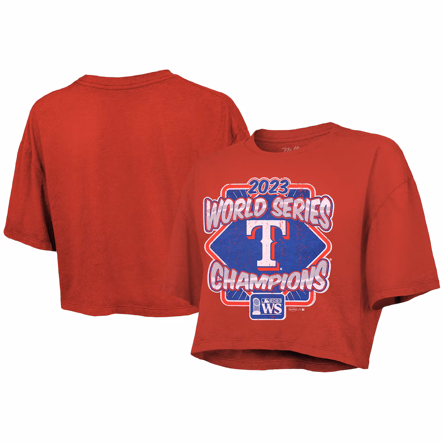 Women's Texas Rangers Majestic Threads Red 2023 World Series Champions Best Face Forward Boxy Cropped Tri-Blend T-Shirt - ujerseystore