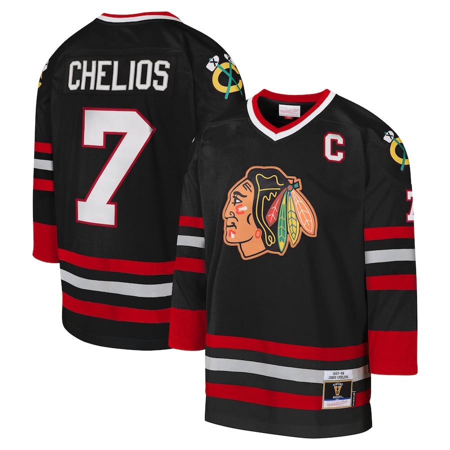 Youth Chicago Blackhawks Chris Chelios Mitchell & Ness Black 1997-98 Blue Line Captain Patch Player Jersey - ujerseystore