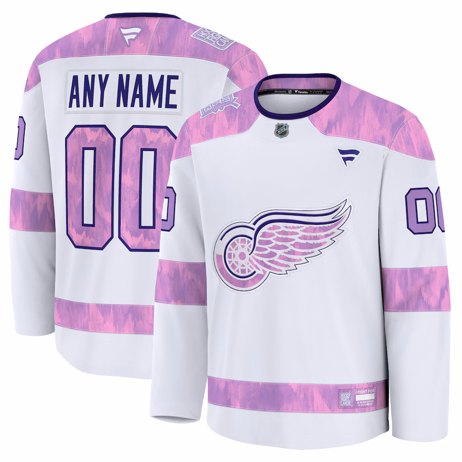 Men's Detroit Red Wings Fanatics White 2024 Hockey Fights Cancer Custom Practice Jersey - ujerseystore