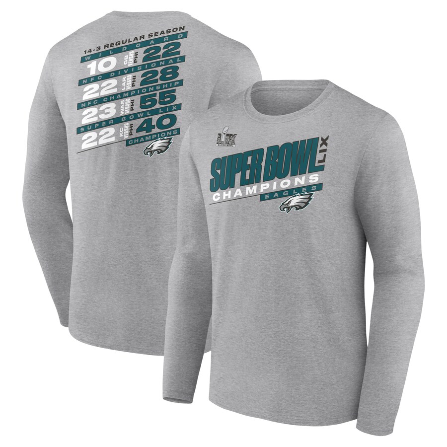 Men's Philadelphia Eagles Fanatics Heather Gray Super Bowl LIX Champions Counting Points Score Long Sleeve T-Shirt - ujerseystore