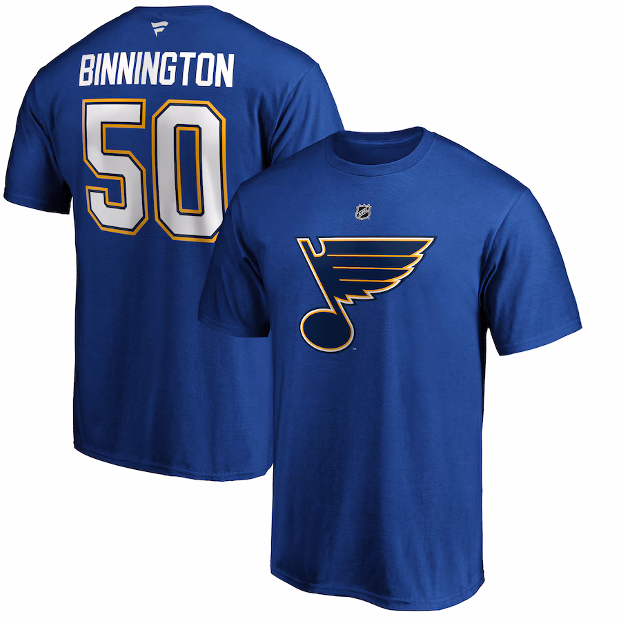 Men's St. Louis Blues Jordan Binnington Fanatics Blue Team Authentic Stack Name & Number T-Shirt - ujerseystore