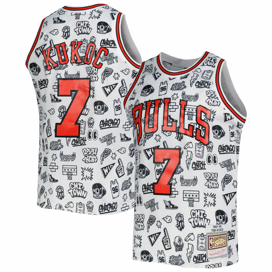 Men's Chicago Bulls Toni Kukoc Mitchell & Ness White 1997/98 Hardwood Classics Doodle Swingman Jersey - ujerseystore