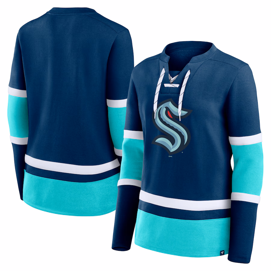 Women's Seattle Kraken Fanatics Deep Sea Blue Prime Time Lace-Up Long Sleeve T-Shirt - ujerseystore
