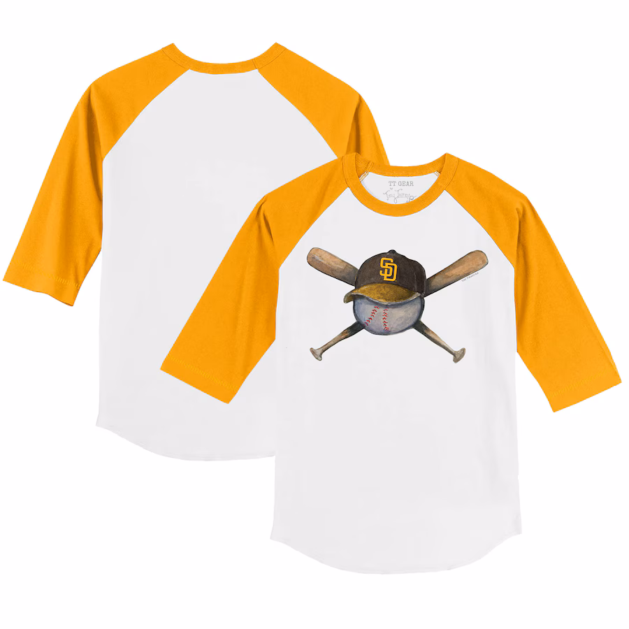 Youth San Diego Padres Tiny Turnip White/Gold Hat Crossbats 3/4-Sleeve Raglan T-Shirt - ujerseystore