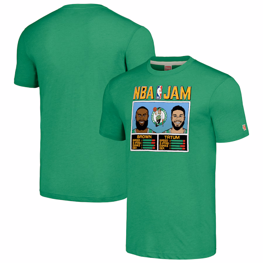 Men's Boston Celtics Jaylen Brown/Jayson Tatum Homage Heathered Green NBA Jam Tri-Blend T-Shirt - ujerseystore