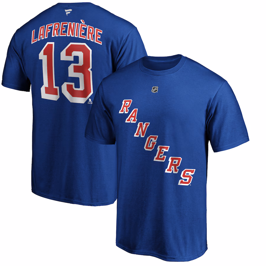 Men's New York Rangers Alexis Lafrenière Fanatics Blue Authentic Stack Name & Number T-Shirt - ujerseystore