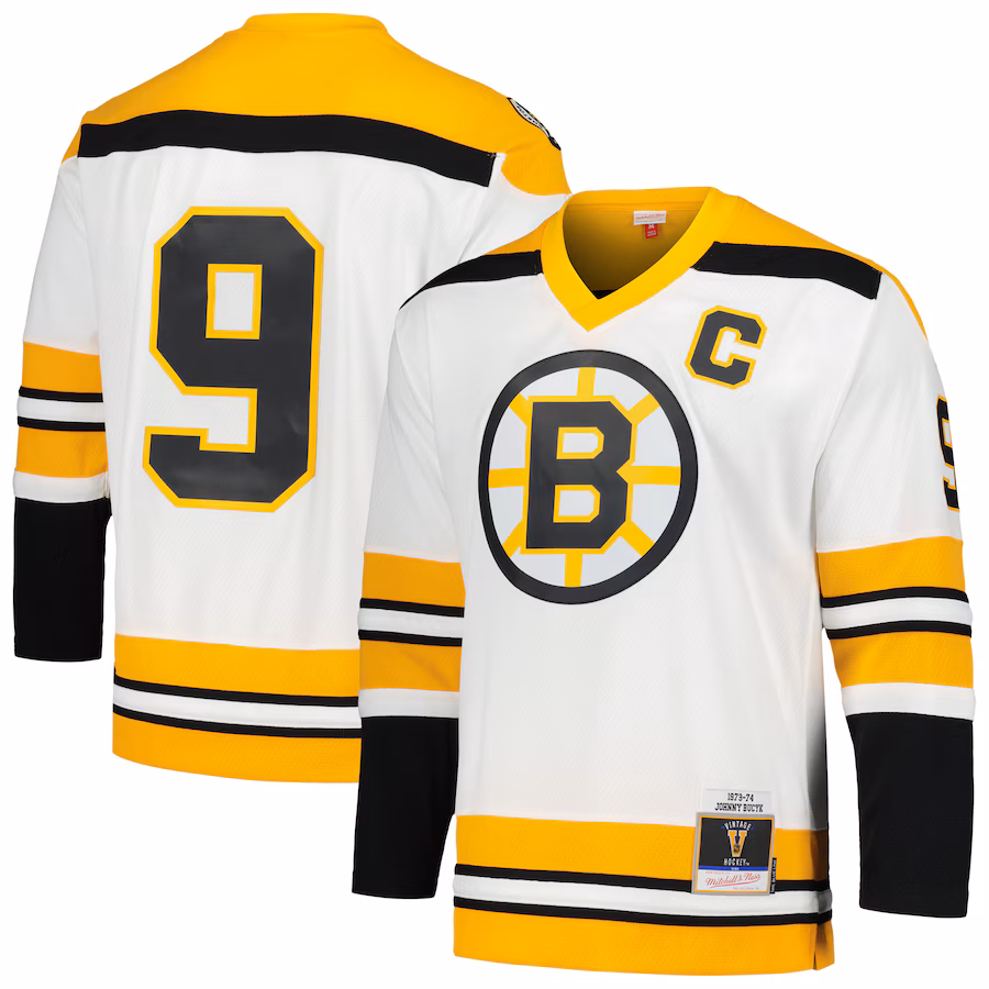 Men's Boston Bruins Johnny Bucyk Mitchell & Ness White 1973/74 Blue Line Player Jersey - ujerseystore