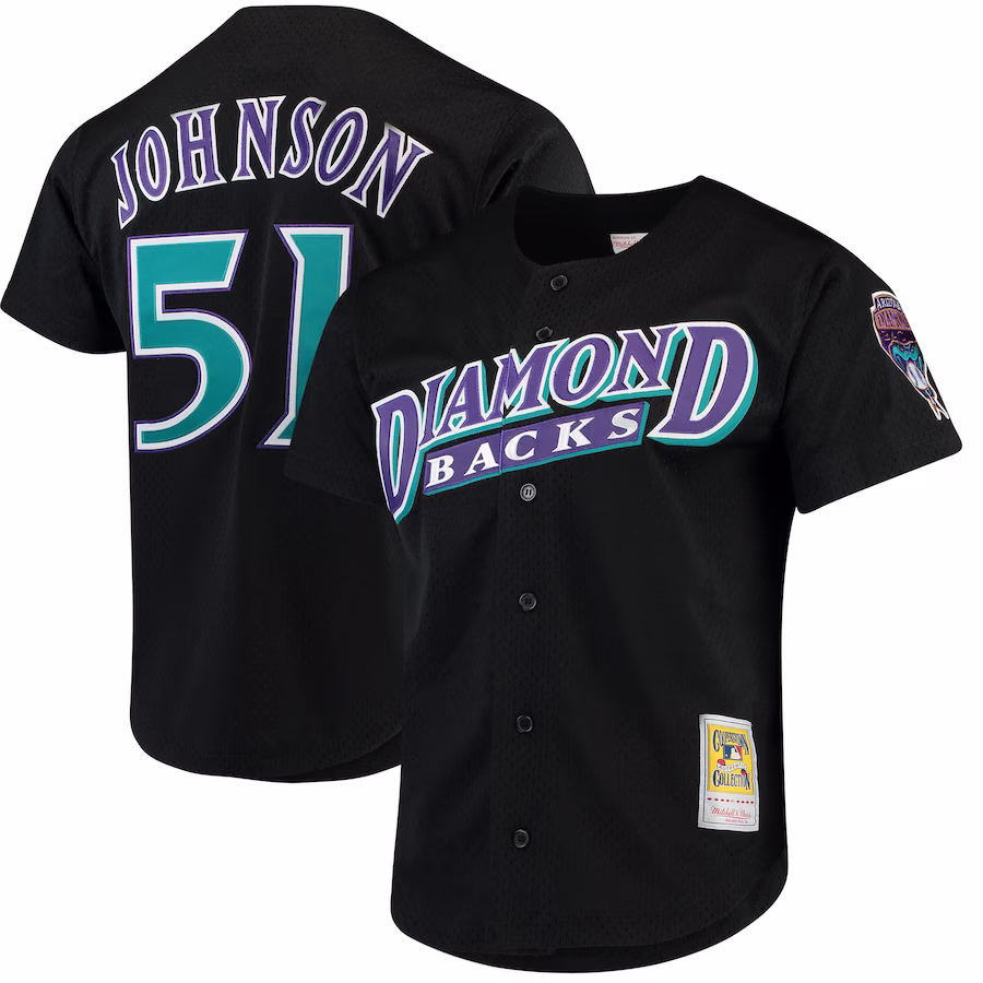 Men's Arizona Diamondbacks Randy Johnson Mitchell & Ness Black Cooperstown Collection Mesh Batting Practice Button-Up Jersey - ujerseystore