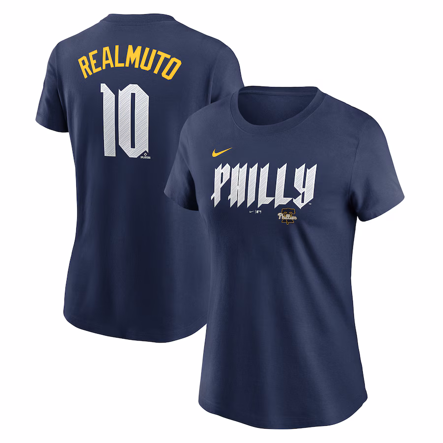 Women's Philadelphia Phillies J.T. Realmuto Nike Navy 2024 City Connect Fuse Player Name & Number T-Shirt - ujerseystore