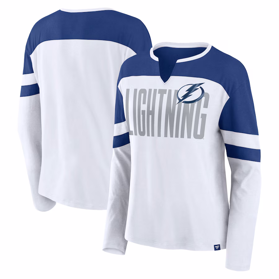 Women's Tampa Bay Lightning Fanatics White/Blue Frozen Long Sleeve Notch Neck T-Shirt - ujerseystore