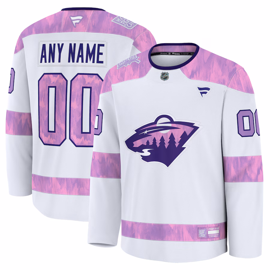 Men's Minnesota Wild Fanatics White 2024 Hockey Fights Cancer Custom Practice Jersey - ujerseystore