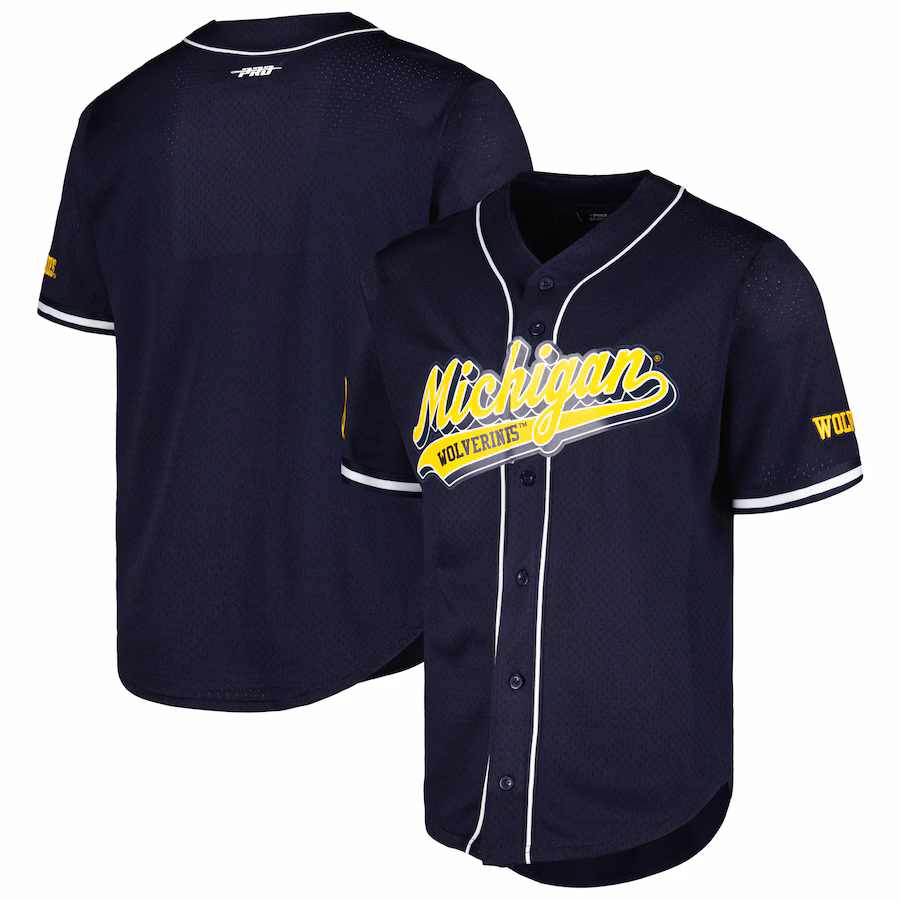 Men's Pro Standard Navy Michigan Wolverines Mesh Full-Button Replica Baseball Jersey - ujerseystore