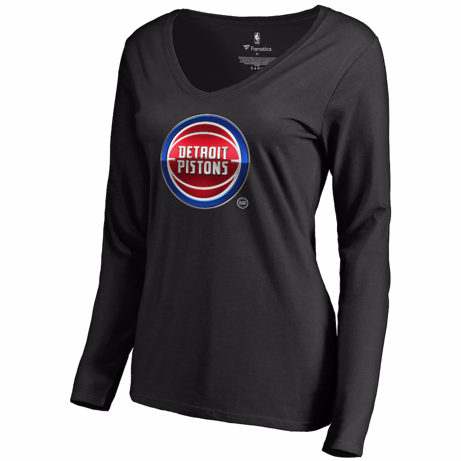 Women's Detroit Pistons Black Midnight Mascot Long Sleeve V-Neck T-Shirt - ujerseystore