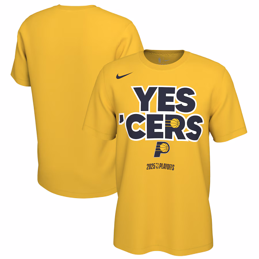 Unisex Indiana Pacers Nike Gold 2025 NBA Playoffs On-Court Mantra T-Shirt - ujerseystore