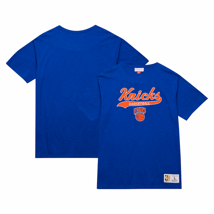 Men's New York Knicks Mitchell & Ness Blue Hardwood Classics Felt Applique Slub T-Shirt - ujerseystore