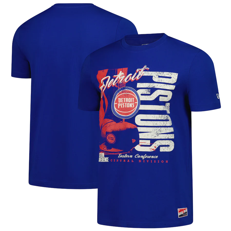Men's Detroit Pistons  New Era Blue Distressed Throwback Vintage Color Pack T-Shirt - ujerseystore