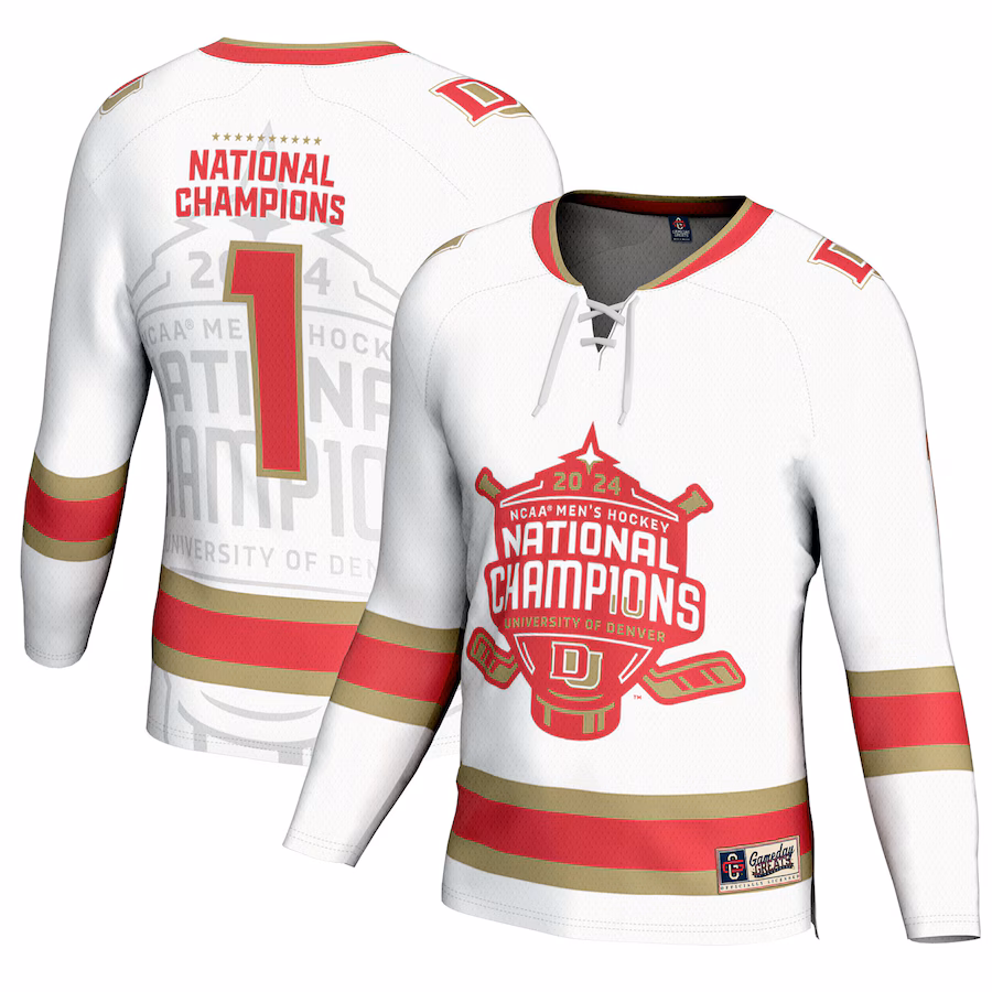 Denver Pioneers GameDay Greats Youth 2024 NCAA Men's Ice Hockey National Champions Fashion Jersey - White - ujerseystore
