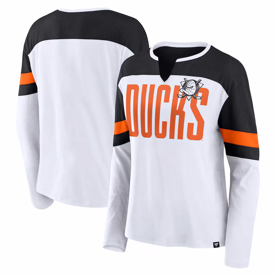 Women's Anaheim Ducks Fanatics White/Black Frozen Long Sleeve Notch Neck T-Shirt - ujerseystore
