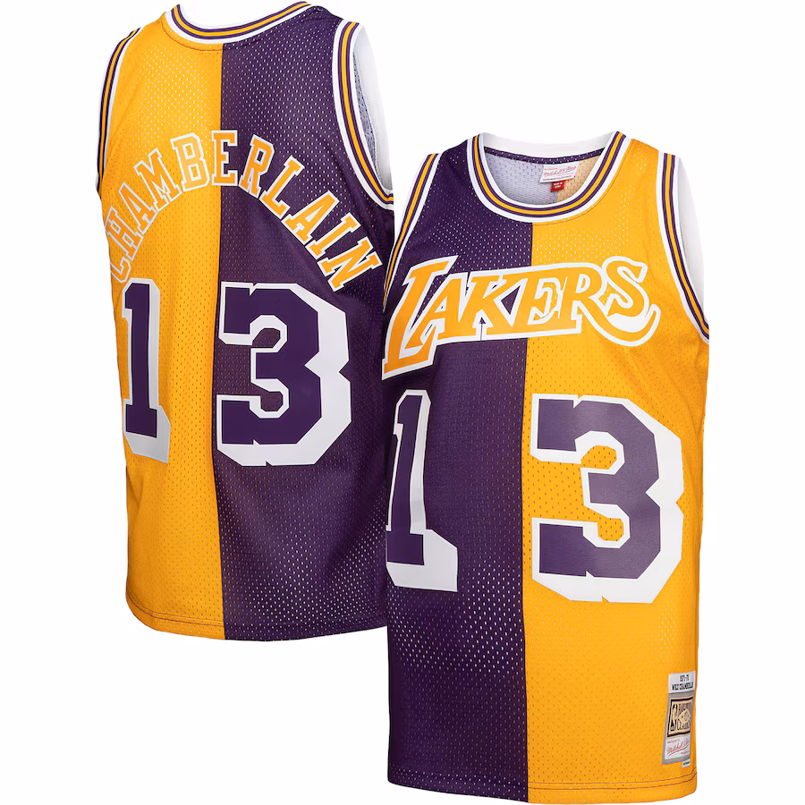 Men's Los Angeles Lakers Wilt Chamberlain Mitchell & Ness Purple/Gold Hardwood Classics 1971/72 Split Swingman Jersey - ujerseystore