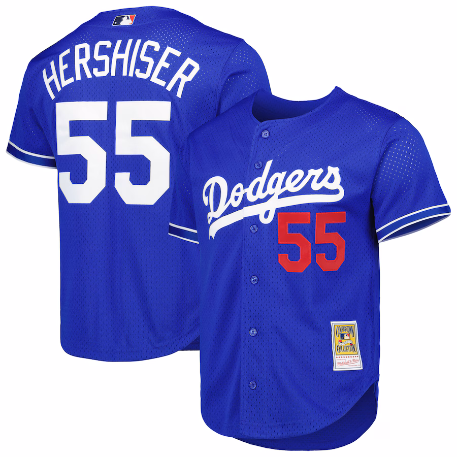 Men's Los Angeles Dodgers Orel Hershiser Mitchell & Ness Royal Cooperstown Collection Mesh Batting Practice Button-Up Jersey - ujerseystore