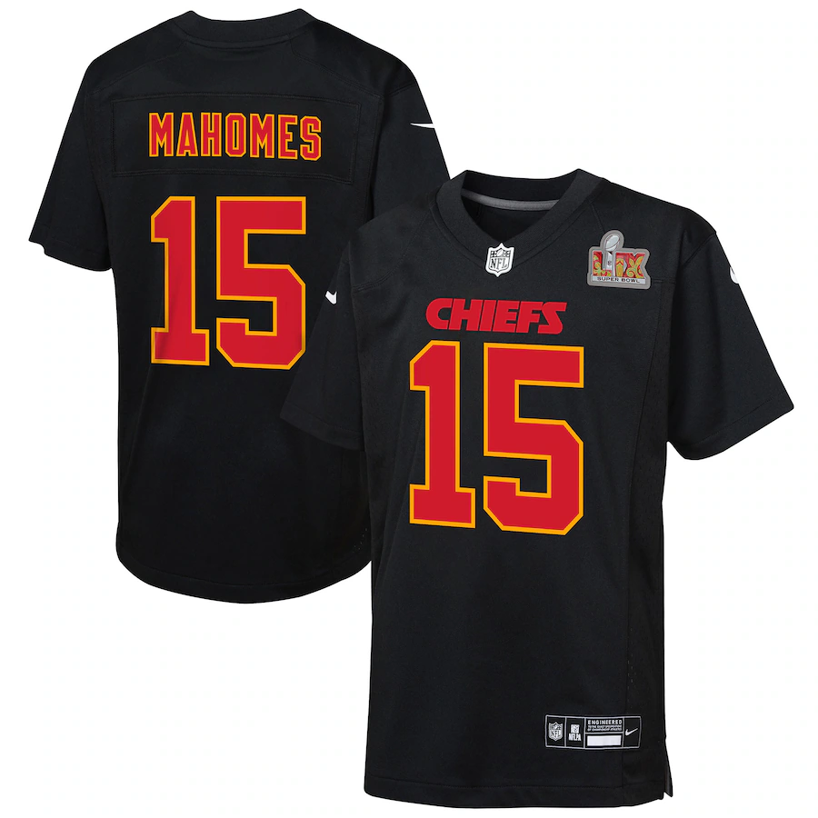 Youth Kansas City Chiefs Patrick Mahomes Nike Carbon Black Super Bowl LIX Patch Fashion Game Jersey - ujerseystore