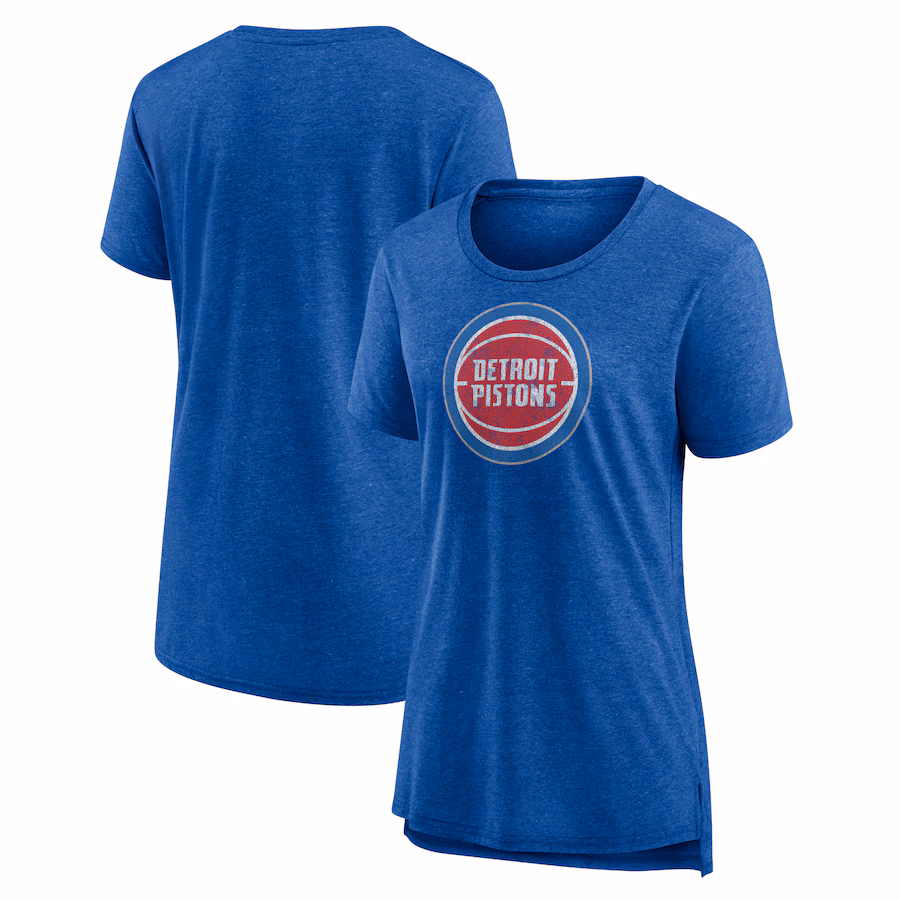 Women's Detroit Pistons Heather Blue Distressed Logo Tri-Blend T-Shirt - ujerseystore