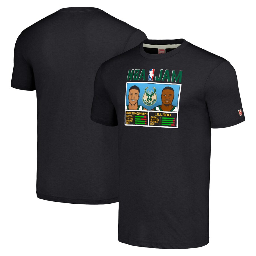 Men's Milwaukee Bucks Damian Lillard & Giannis Antetokounmpo Homage Charcoal NBA Jam Tri-Blend T-Shirt - ujerseystore