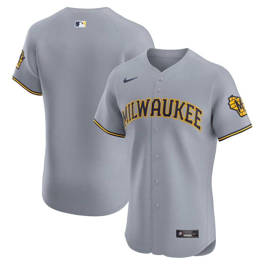 Men's Milwaukee Brewers  Nike Gray Road Vapor Premier Elite Patch Jersey - ujerseystore