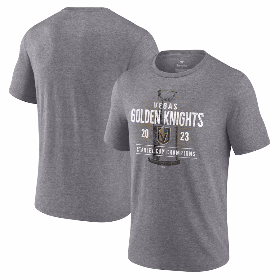 Men's Vegas Golden Knights Fanatics Heather Gray 2023 Stanley Cup Champions Shootout Tri-Blend T-Shirt - ujerseystore