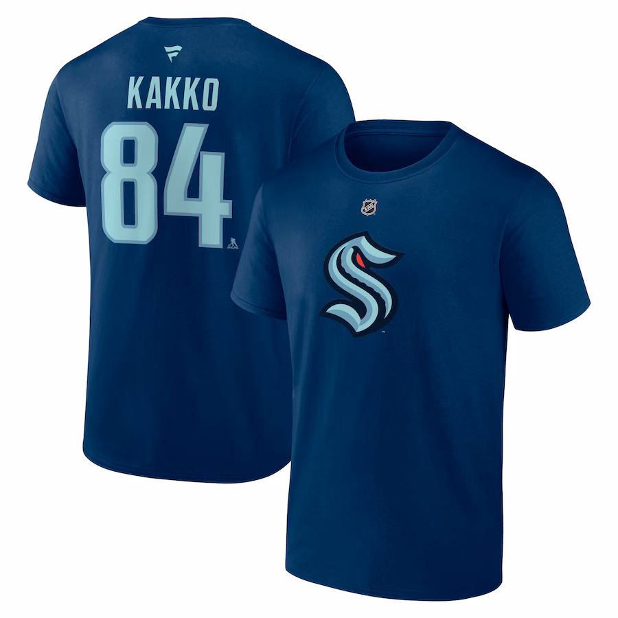 Men's Seattle Kraken Kaapo Kakko Fanatics Deep Sea Blue Authentic Stack Name & Number T-Shirt - ujerseystore