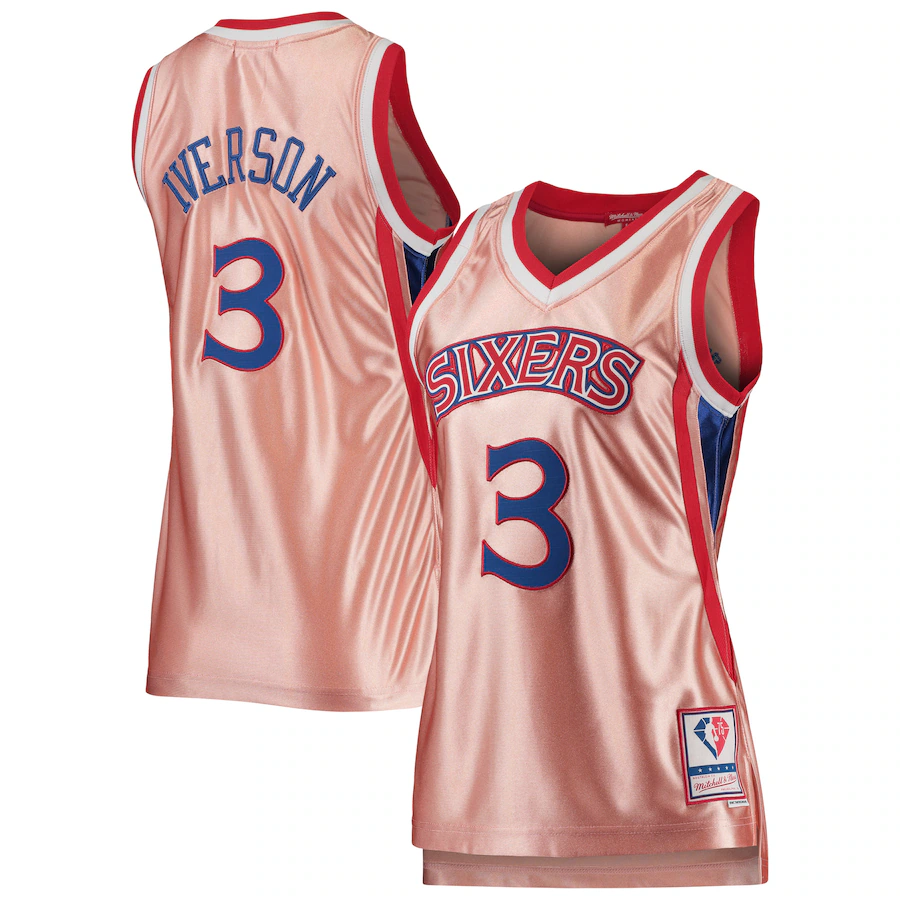 Women's Philadelphia 76ers Allen Iverson Mitchell & Ness Pink 75th Anniversary Rose Gold 1996 Swingman Jersey - ujerseystore