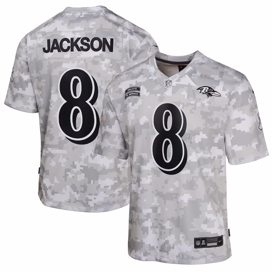 Youth Baltimore Ravens Lamar Jackson Nike Arctic Camo 2024 Salute to Service Game Jersey - ujerseystore
