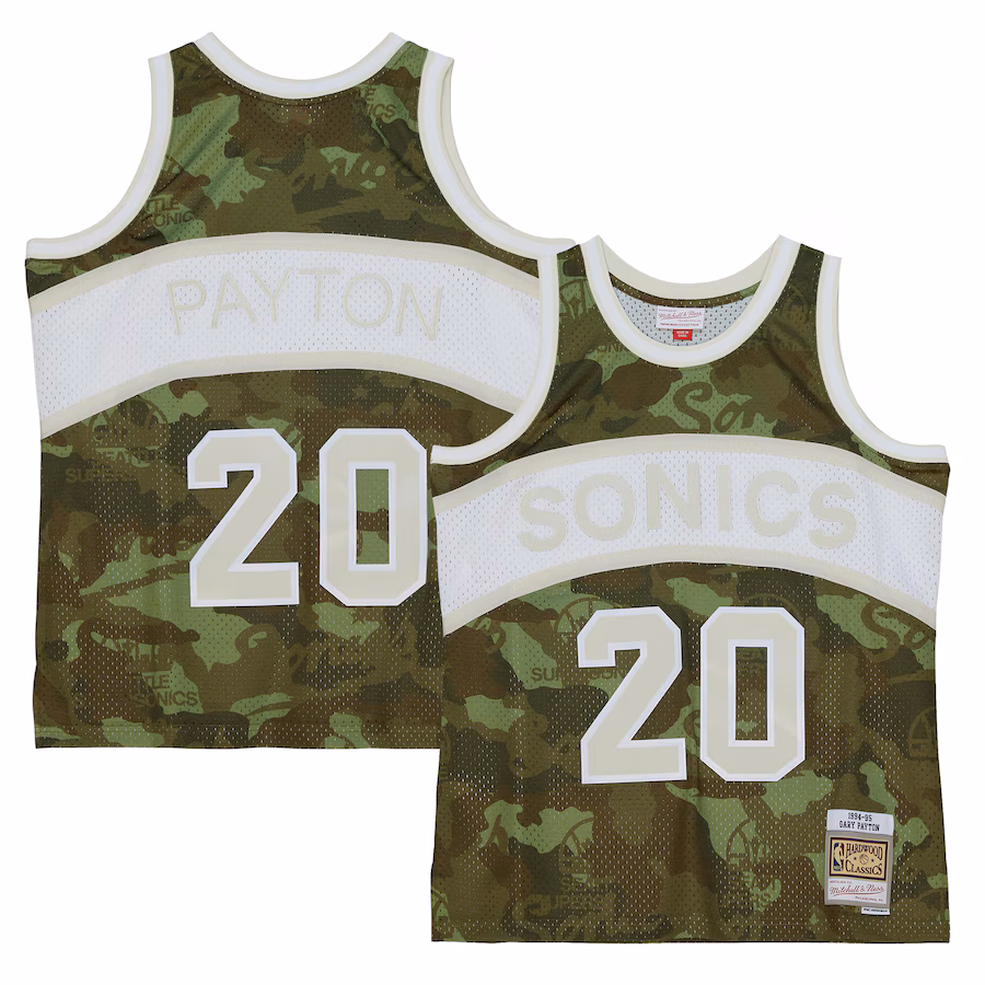Men's Seattle SuperSonics Gary Payton Mitchell & Ness Camo Hardwood Classics 1984/85 Ghost Green Swingman Jersey - ujerseystore
