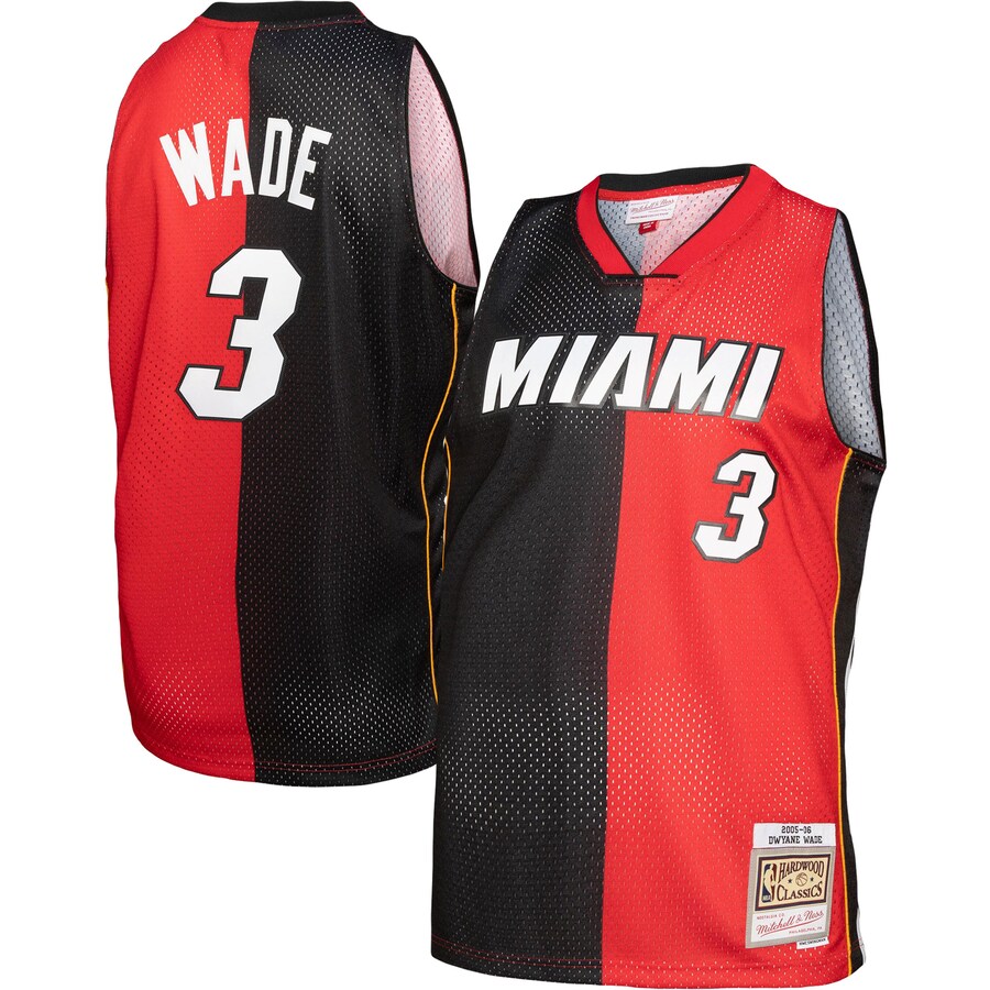 Men's Miami Heat Dwyane Wade Mitchell & Ness Black/Red Hardwood Classics 2005/06 Split Swingman Jersey - ujerseystore