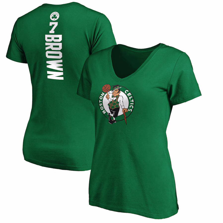 Women's Boston Celtics Jaylen Brown Kelly Green Playmaker Name & Number V-Neck T-Shirt - ujerseystore