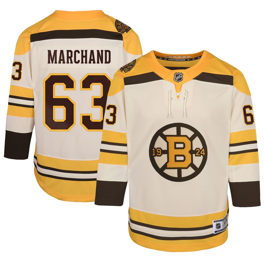 Youth Boston Bruins Brad Marchand Cream 100th Anniversary Premier Player Jersey - ujerseystore
