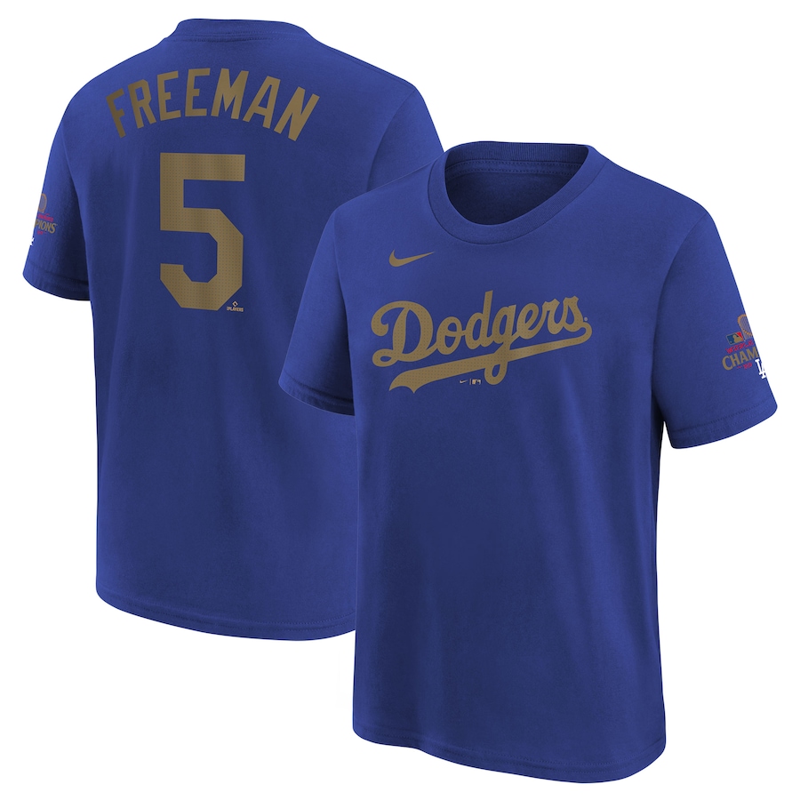 Youth Los Angeles Dodgers Freddie Freeman Nike Royal 2025 Gold Collection Name & Number T-Shirt - ujerseystore