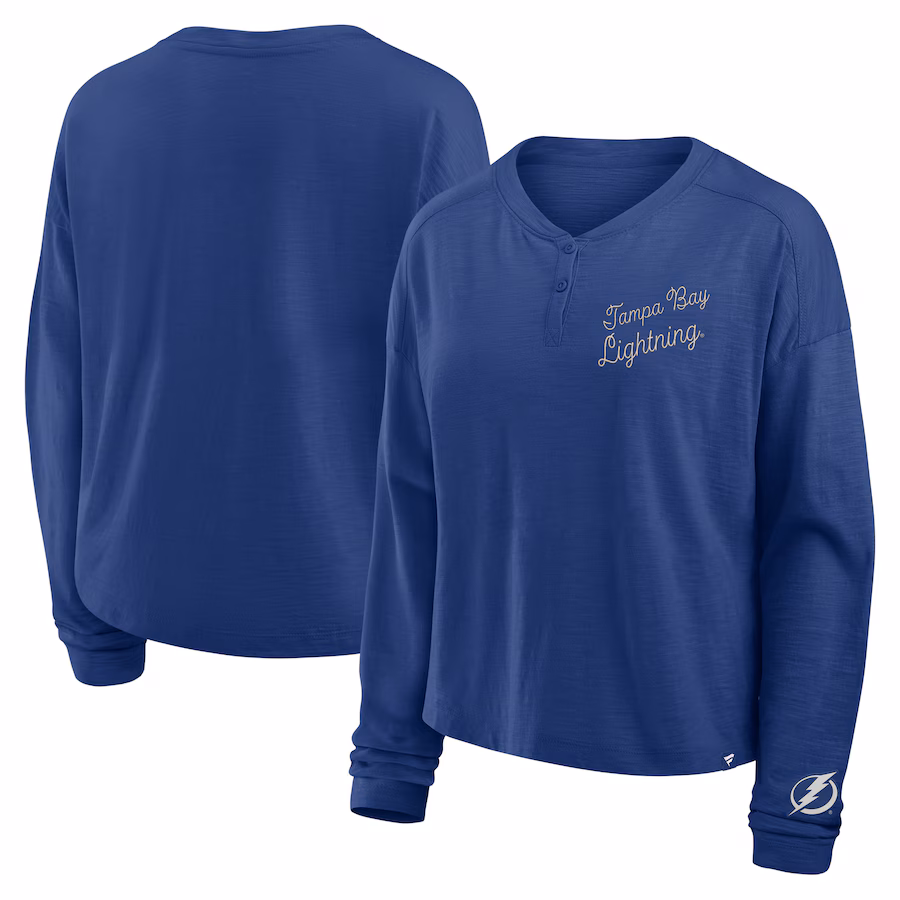 Women's Tampa Bay Lightning Fanatics Blue Oversized All Out Effort Long Sleeve Henley T-Shirt - ujerseystore